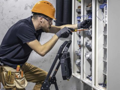 A male electrician works in a switchboard with an electrical connecting cable.